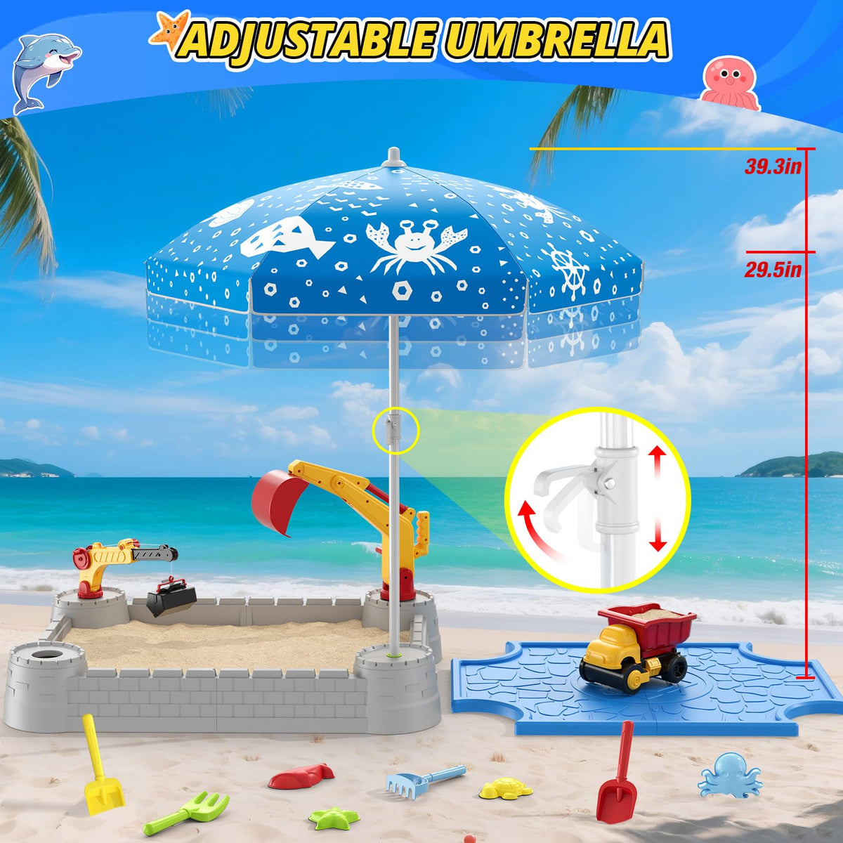 HYES Sandbox with Lid, Digger Excavator Plastic Sand Box with Cover, Play Sand Pit with Construction Toys/Umbrella/Beach Playset for Toddlers 1-3, Indoor Outdoor Sensory Gift for Kids Ages 4-8