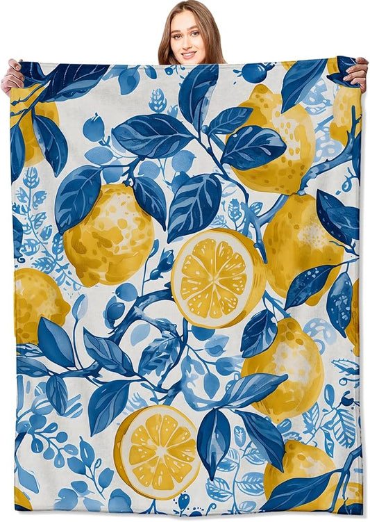 Lemon Blanket Fresh Citrus Fruit Throw Blankets with Blue Leaves,Birthday Gifts for Girls Boys Women & Food Lovers,Lightweight Soft Fleece,for Sofa Couch Bed Room Summer Decor 60x80in