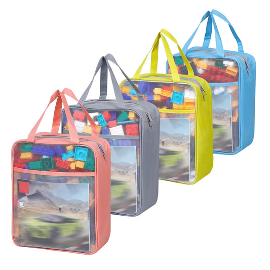 4 Pack Extra Large Mesh Toy Zipper Storage Bags(11.8 * 9.8 * 5.2in),Magnetic Tiles Block Sets Plush Toy Storage Organizer with Pockets, Travel Breathable See Through Colored Pouch with Handle