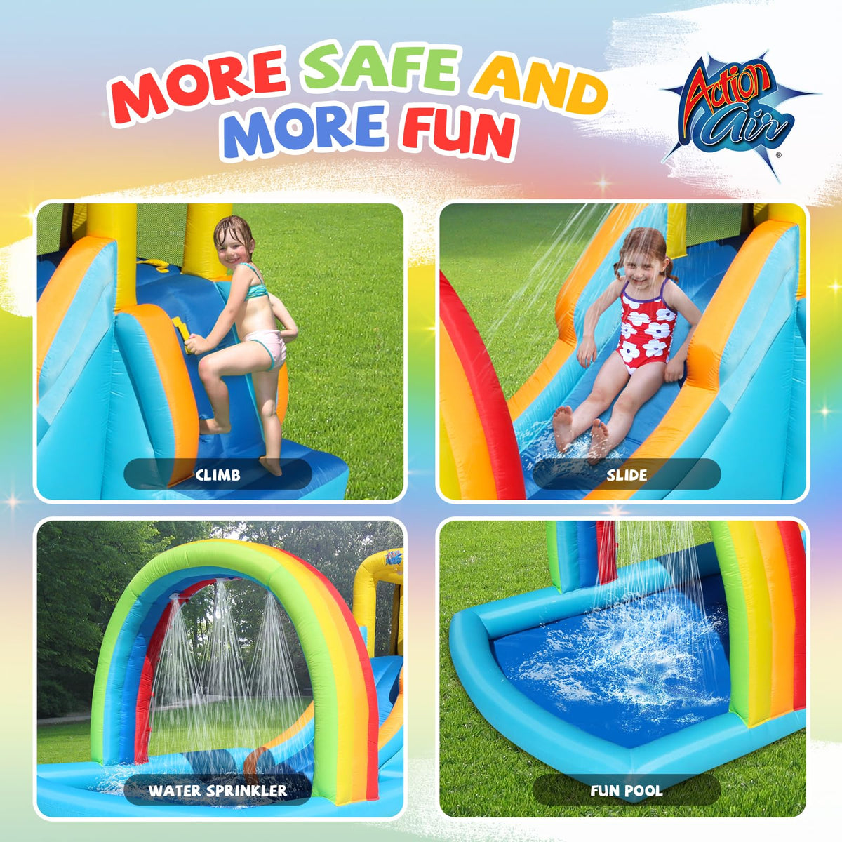 Action Air Inflatable Water Slide, Bounce House with Slide for Wet and Dry, Kids Backyard Waterpark for Summer Fun, Rainbow Splash Pool for Age 3-8, Love for Kids