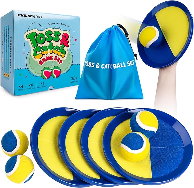 EVERICH Upgraded Toss and Catch Ball Game Set, Outdoor Games for Family Outdoor Toys Yard Games, Beach Pool Toys Camping Game for Adults Family with 4 Paddles 4 Balls, Great Gifts Idea