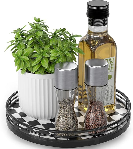 Black and White Kitchen Lazy Susan Turntable â Checkered Round Decorative Tray, 9" Table Top Oak Wood Lazy Susan for Cookies, Dining Table Organizer, Small Kitchen Table Centerpiece