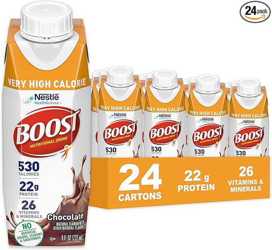 BOOST Very High Calorie Nutritional Drink ??Helps Weight Gain & Maintenance - 530 Calories - 26 Vitamins & Minerals - 22 g Protein - Calorie-Dense Nutritional Drink - Chocolate - 8 fl oz (Pack of 24)