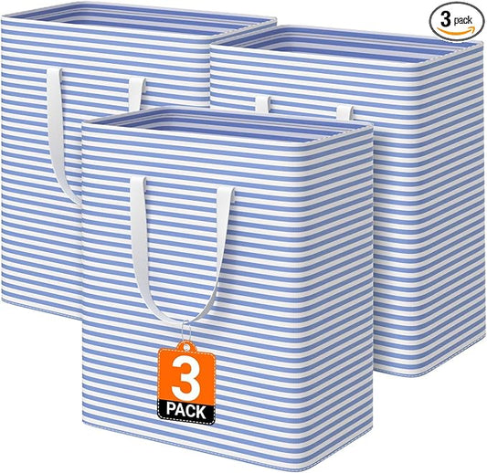 3 Pack Large Laundry Basket,Waterproof & Freestanding Laundry Hamper,Collapsible Clothes Hampers with Easy Carry Long & Reinforced Handles in Bathroom,College Dorm(100Lx3,Blue)