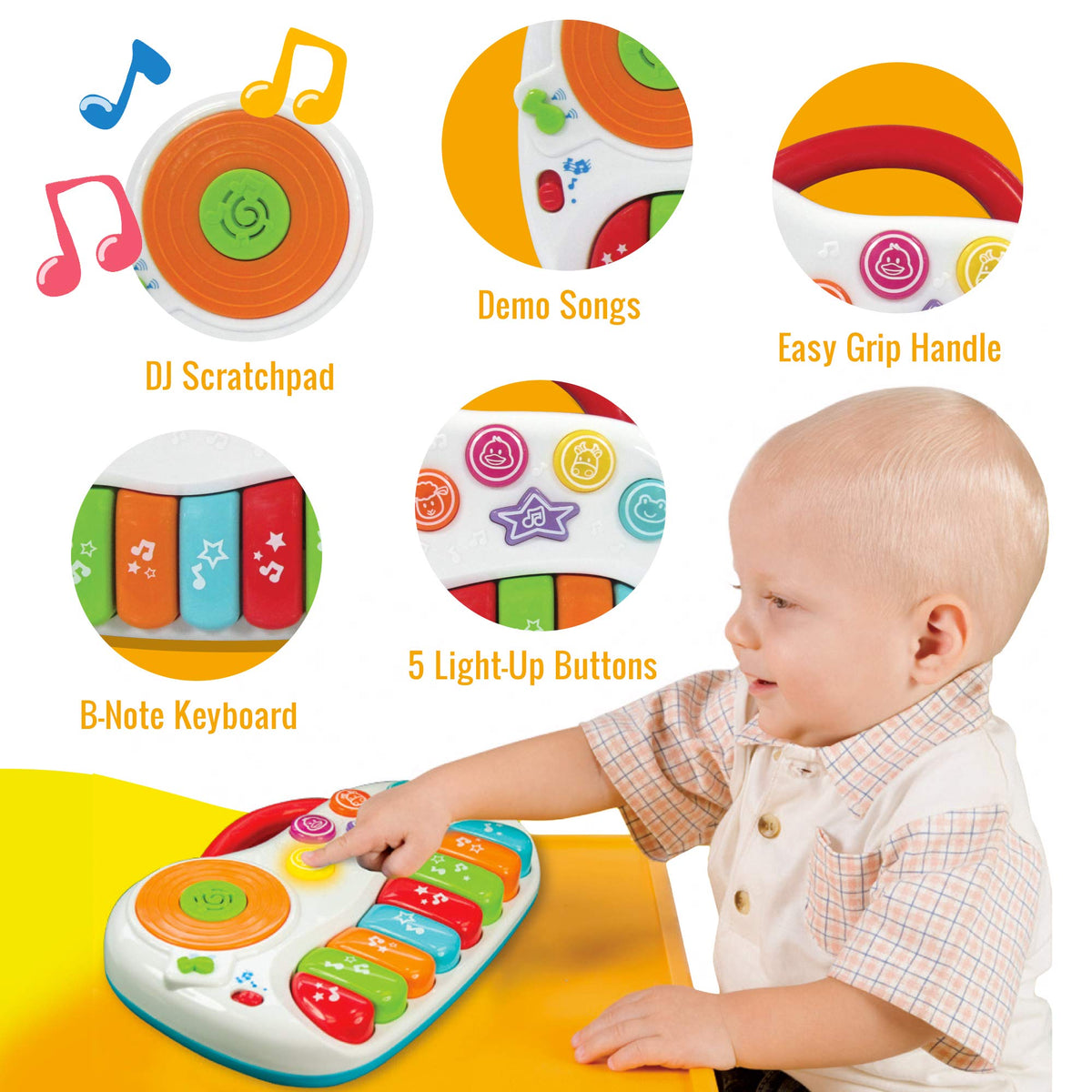 Musical Piano Toy for 1-3 Year Old Toddlers, 8-Key Rainbow Keyboard with DJ Turntable Scratchpad, 5 Light-Up Animal Buttons, Demo Songs, Volume Control and Carry Handle, Boys Girls Gift
