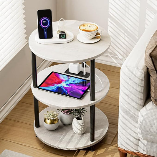 XBurmo Small Round End Table - 3 Tier Design Accent Table, Narrow Side or Bedside Stand, Industrial Vintage Table for Small Spaces, Built-in USB Ports and Power Outlet, Greige