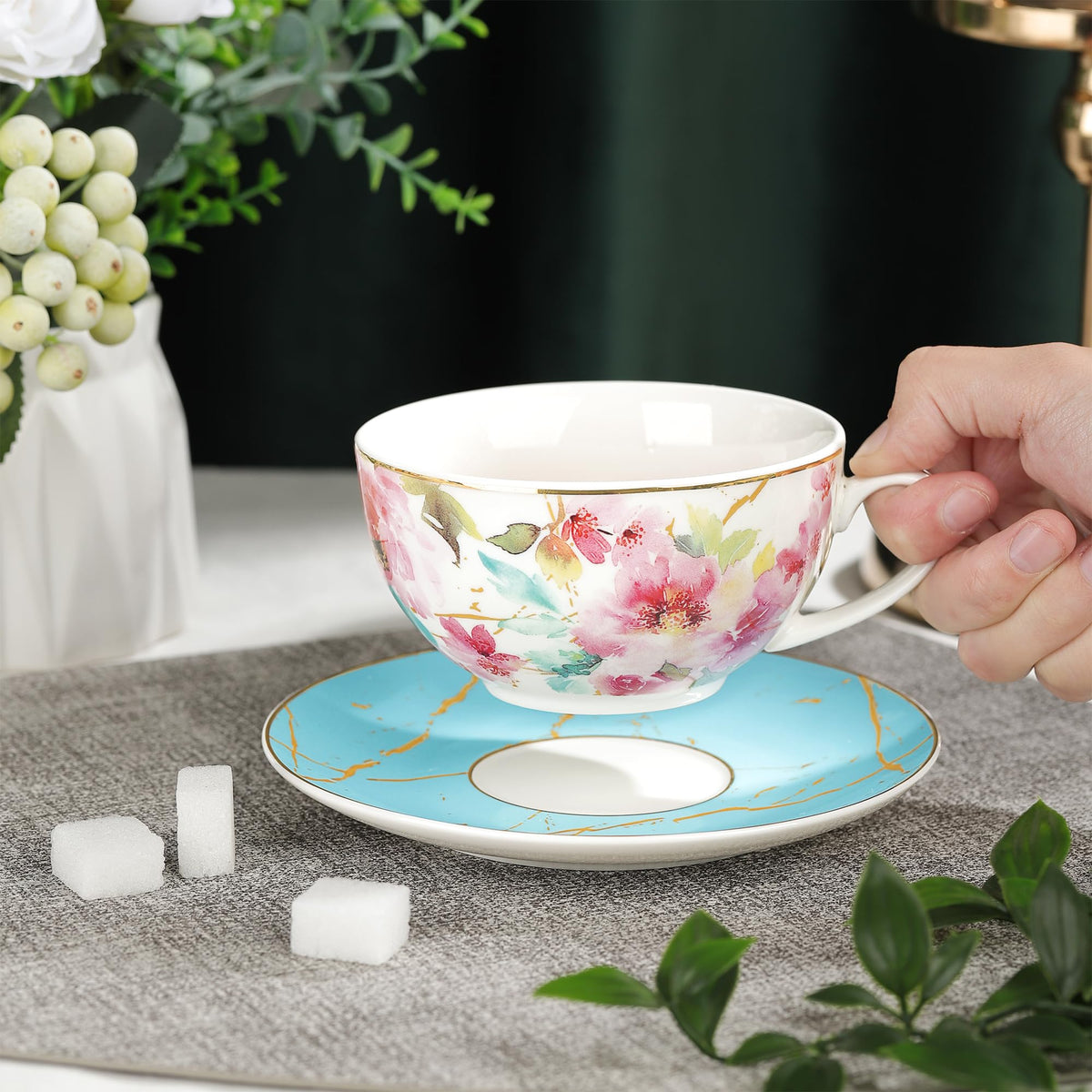 fanquare Pink Floral Teapot, Tea Cup and Saucer Set with Gold Trim, Porcelain Tea for One Tea Set for Gift, Blue