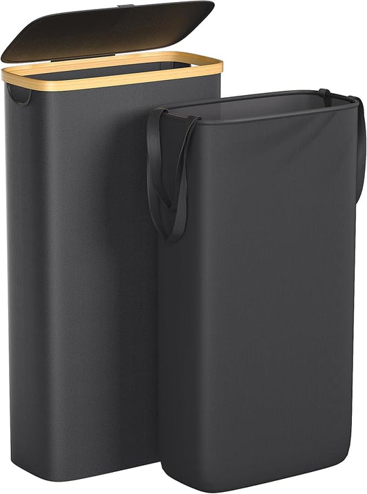 Foluck Slim Laundry Hamper, 60L Waterproof Narrow Laundry Basket with Lid and Removable Bag, Collapsible Tall Clothes Hamper with Bamboo Handles for Clothes Toys in Dorm Bedroom Bathroom, Black