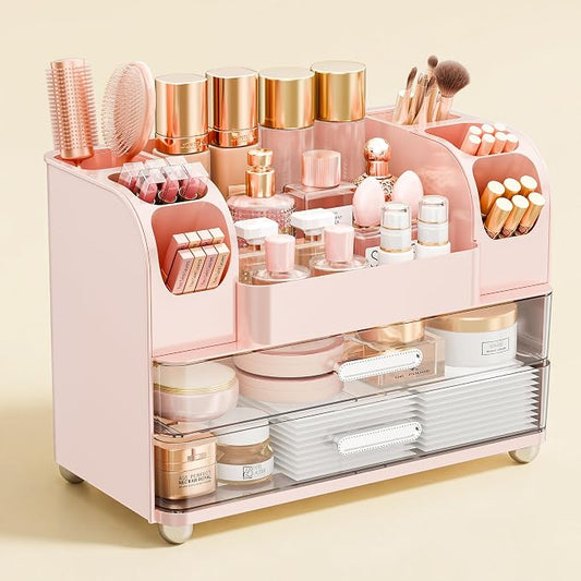Makeup Organizer for Vanity with Brush Holder, Large Bathroom Countertop Organizer & Skincare Storage | Perfume, Cosmetics Display Case with Drawers (Pink)