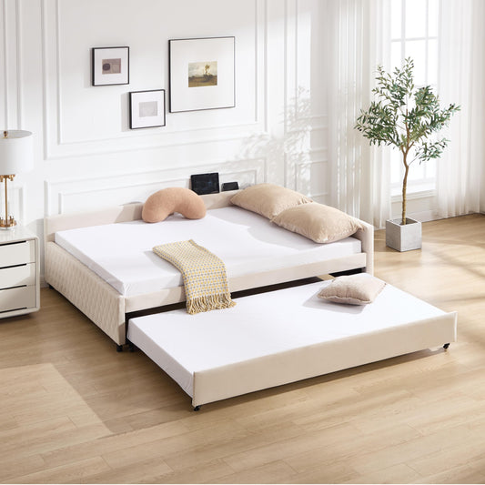 Ball & Cast Full Size Daybed with Trundle,Velvet Upholstered Day Bed Frame Full with USB Port and Solid Wood Slat Support,L Shaped Corner Trundle Bed,No Box Spring Needed,Beige