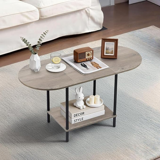 Small Coffee Table,35.4'' Oval Coffee Table with Storage Shelf & Metal Frame,Low Cocktail Tea Accent Table for Apartment,Modern Mid Century Small Living Room Table,Rustic Grey