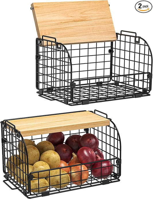 2 Set Stackable Wire Basket with Openable Top, Kitchen Counter, Pantry Organizer and Storage Produce Onion Potato Fruits Vegs Bread Food Snack Spice Organizing Bin for Cabinet Shelf Countertop Floor