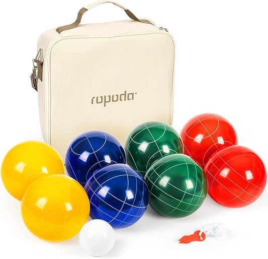 ropoda 107mm Bocce Ball Set Regulation Size and Weight with 8 Resin Bocce Balls, Resin Bocci Balls for Professional Tournament Competition, 60mm Pallino, Nine-Grid Shockproof Carrying Bag(2-8 Players)