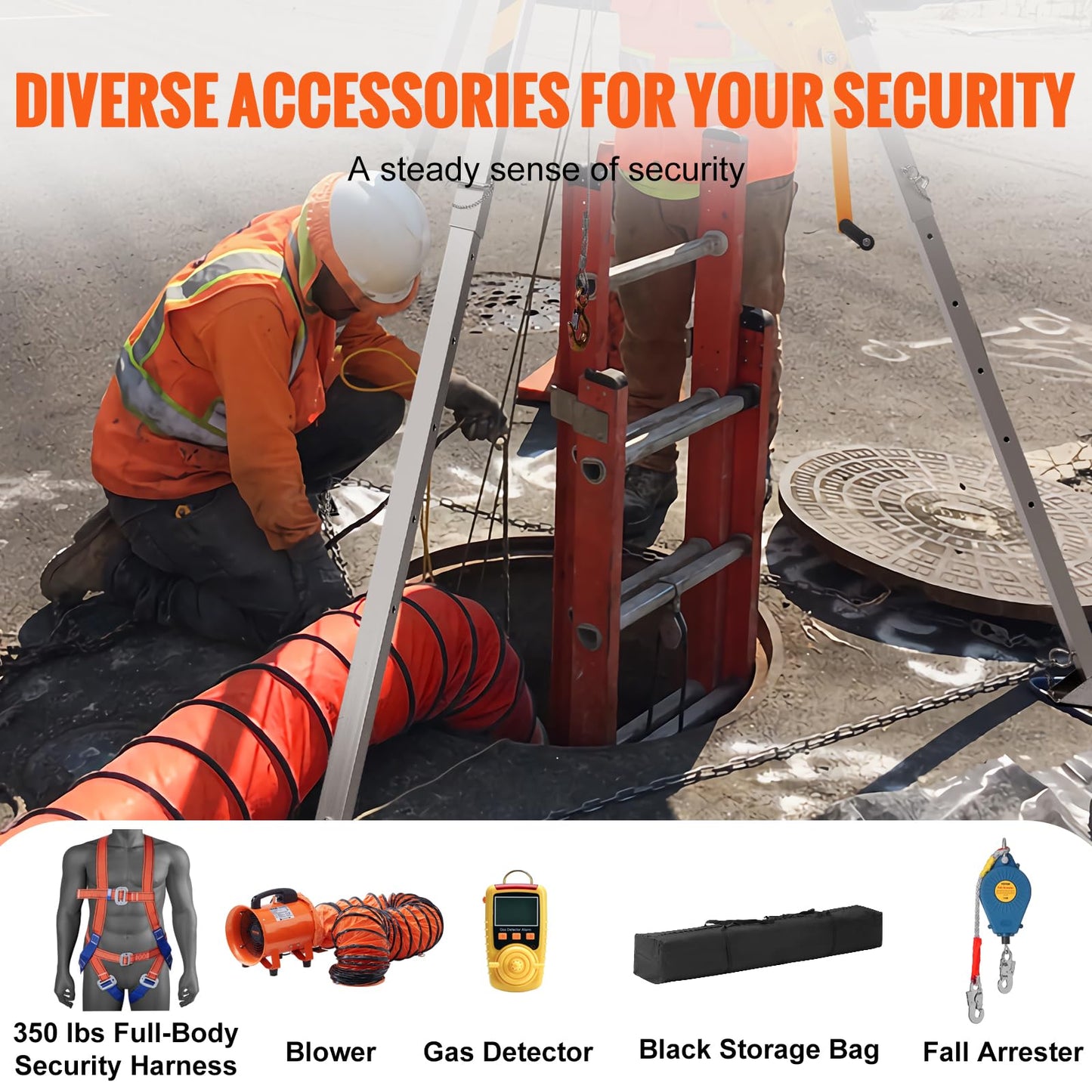 VEVOR 2600 lbs Winch Confined Space Tripod Kit, Heavy Duty Rescue Tripod Lifting Hoist 98' Cable, 32.8' Fall Protection, 5-8ft Working Height, Portable Kit w/Harness Blower Gas detector