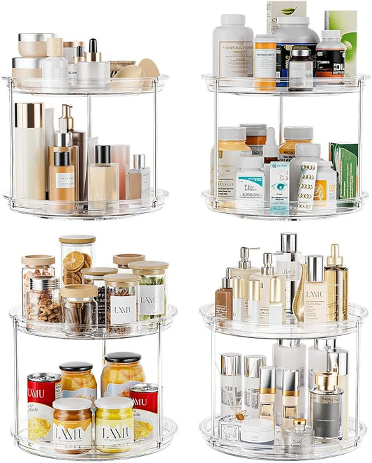 LAMU 2 Tier Lazy Susan Turntable Organizer for Cabinet, 9'' Rotating Spice Rack for Kitchen, Pantry, Countertop, Bathroom, Vanity, Under Sink, Medicine Cabinet Organizer, 4 Pack