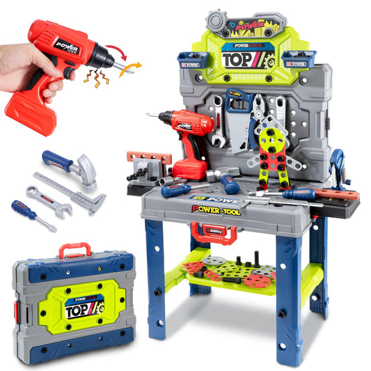 Kids Tool Kit，Kids Tool Bench STEM Engineering Playbench，32-inch Folding Workbench Set with 35+ Accessories, Electric Drill Toy & Tool Storage, Creative Construction Playset for Boys Girls Ages 3-5
