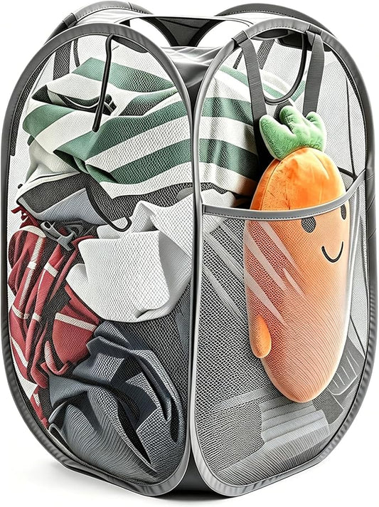 Strong Mesh Pop-up Laundry Hamper,HOUSE AGAIN Quality Pop Up Hampers for Laundry with Durable Handles Solid Bottom High Carbon Steel Frame, Easy to Open and Fold for Storage(Grey)