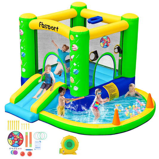 FBSPORT Inflatable Bounce House, Kids Bounce Castle Slide for Indoor Outdoor,Toddler Baby Jumper Bouncer, Kids Jumping Bouncy House with Blower, Ball Pit Pool, Basketball Hoop, Dart Game, Green