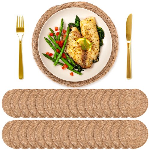 30 PCS Round Bulrush Woven Placemats 13.8 Inch Boho Rattan Chargers for Dinner Plates Natural Hand Weave Table Mats Rustic Wicker Braided for Farmhouse Home Wedding Party Outdoor Christmas Decor