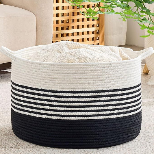 KAKAMAY Cotton Rope Storage Basket (20"x13"),Woven Hamper for Blankets,Toys,Pillows,Clothes,Laundry,Sturdy Handles Decorative Basket for Living Room, Bedroom,Nursery(Black/Black Fringe)