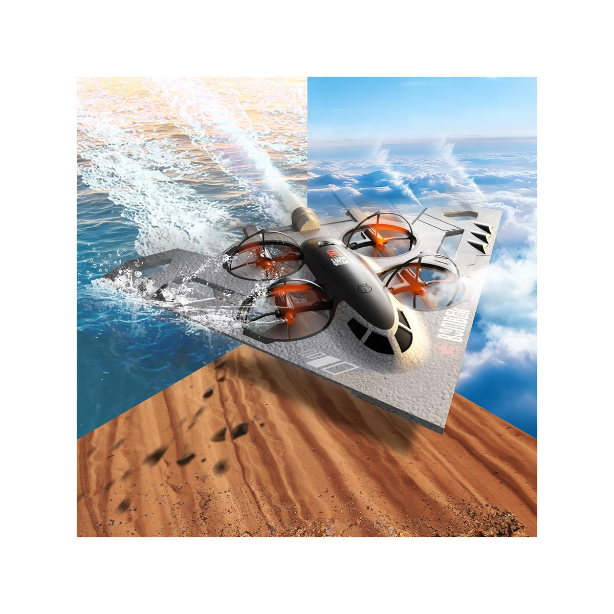 Virellia 3-in-1 RC Drone for Land Sea Air, H20 Remote Control Bomber RC Airplane with Cool Lights, 360° Flip, 3 Driving Mode and Collision Protection, Foam RC Drone Toy Gift for Boy Girl, Silver