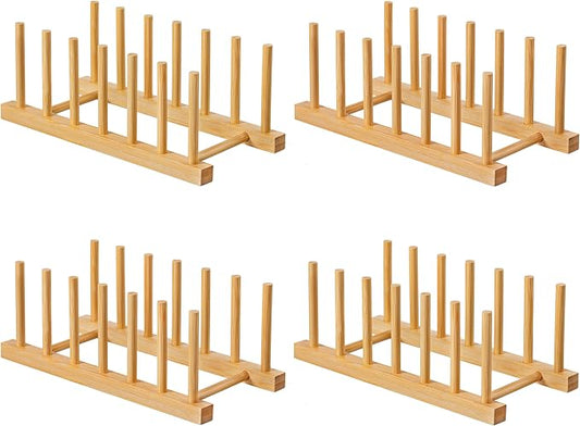 HBlife 4pcs Bamboo Dish Plate Bowl Cup Book Pot Lid Cutting Board Drying Rack Stand Drainer Storage Holder Organizer Kitchen Cabinet（Keep Dry）