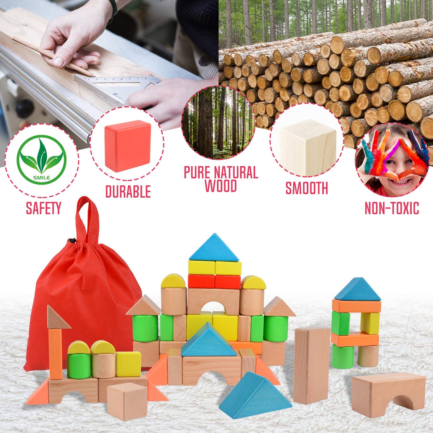 Migargle Large Wooden Building Blocks Set - Educational Preschool Learning Toys with Carrying Bag, Toddler Blocks Toys for 3+ Year Old Boy and Girl Gifts