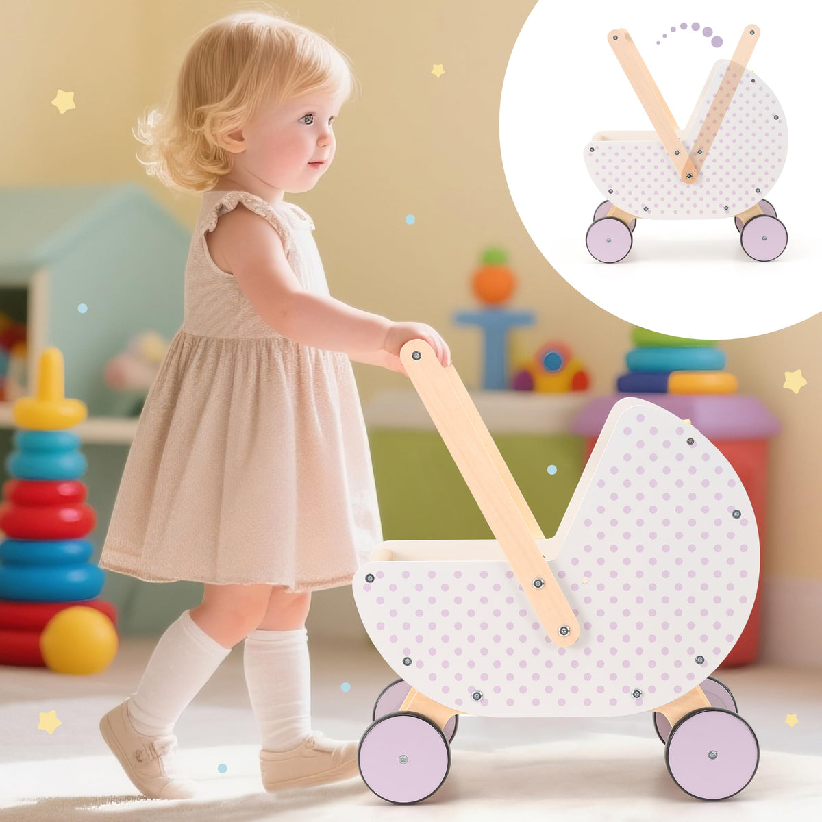 Pillowhale Wooden Baby Walker & Doll Stroller – Adjustable Handle Push Cart, Anti‑Tip, Quiet Wheels, Pretend Shopping Cart – Montessori Wooden Walker for Babies, Doll Stroller for Toddlers 12m+