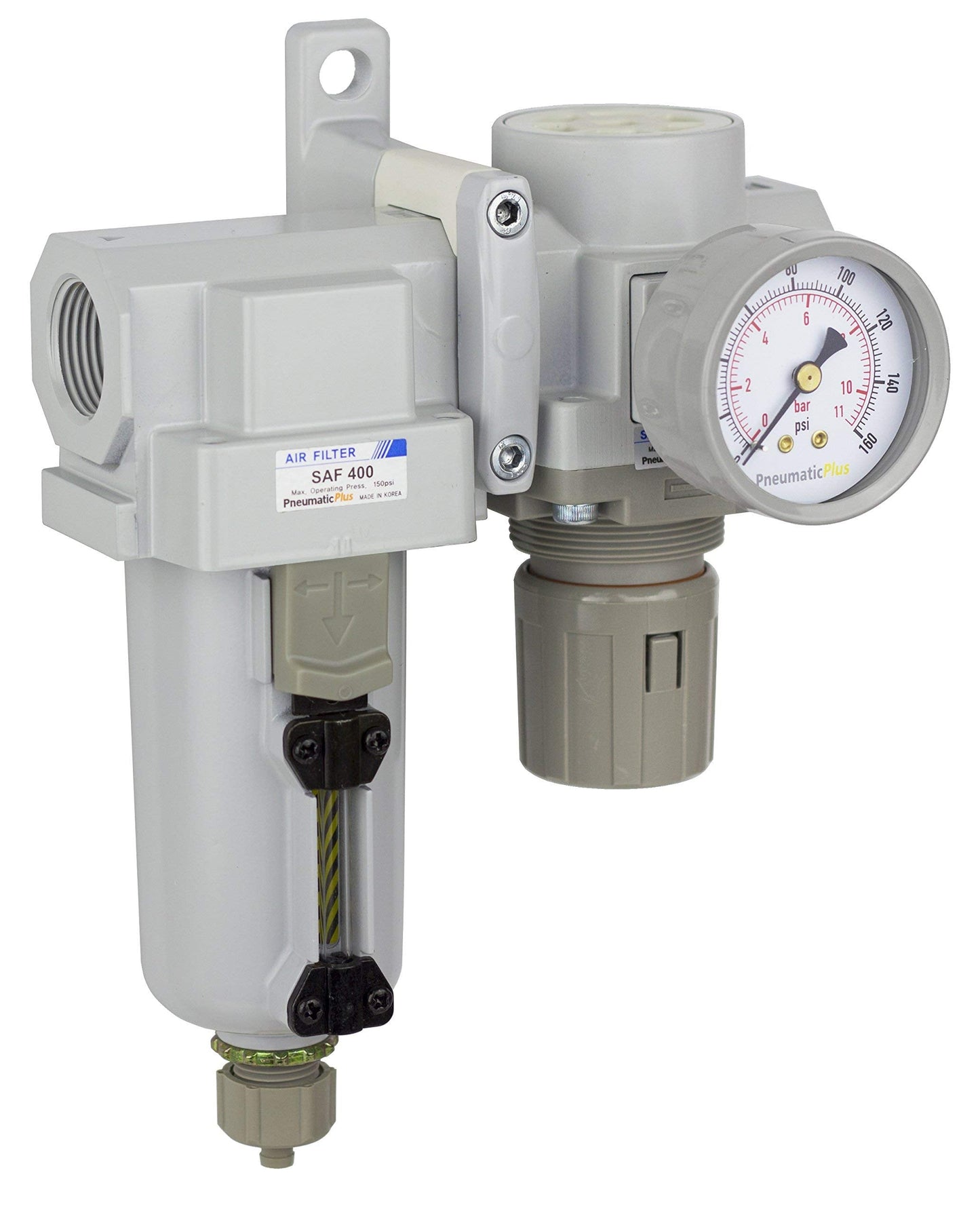 PneumaticPlus SAU420-N06G-MEP Compressed Air Filter Regulator Combo 3/4" NPT - Metal Bowl, Manual Drain, Bracket, Gauge