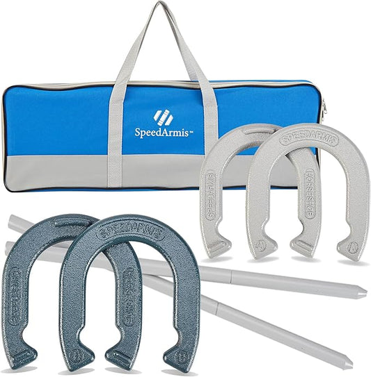 Horseshoes Outside Game Set - Universal Size Lawn Horseshoes Outdoor Games for Parties Beach Backyard, Includes 4 Horseshoes, 2 Steel Stakes and Durable Carrying Bag