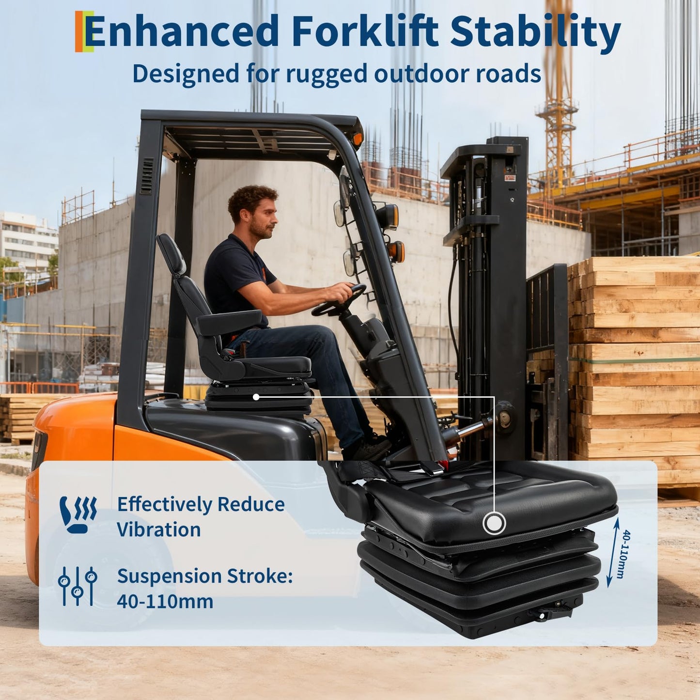 Suspension Seat Adjustable Backrest Headrest Armrest, Forklift Seat with Slide Rails, Foldable Heavy Duty for Tractor Forklift Excavator Skid Steer
