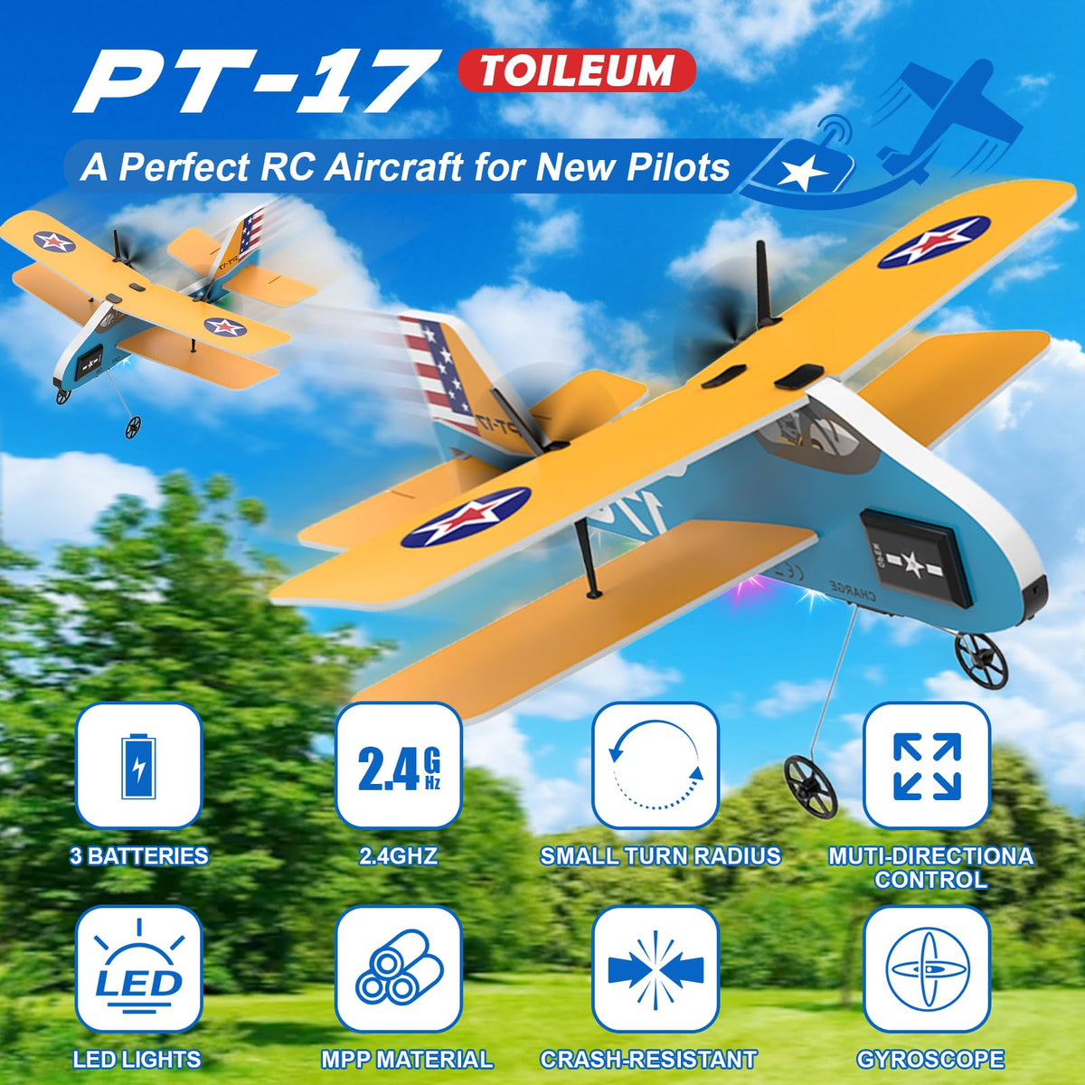Toileum RC Plane, 2.4Ghz Remote Control Airplane with 3 Batteries & 6-axis Gyro Stabilizer, 2 Channel RTF PT-17 RC Toy, Easy to Fly for Beginners Kids Boys Girls Adults (Yellow)