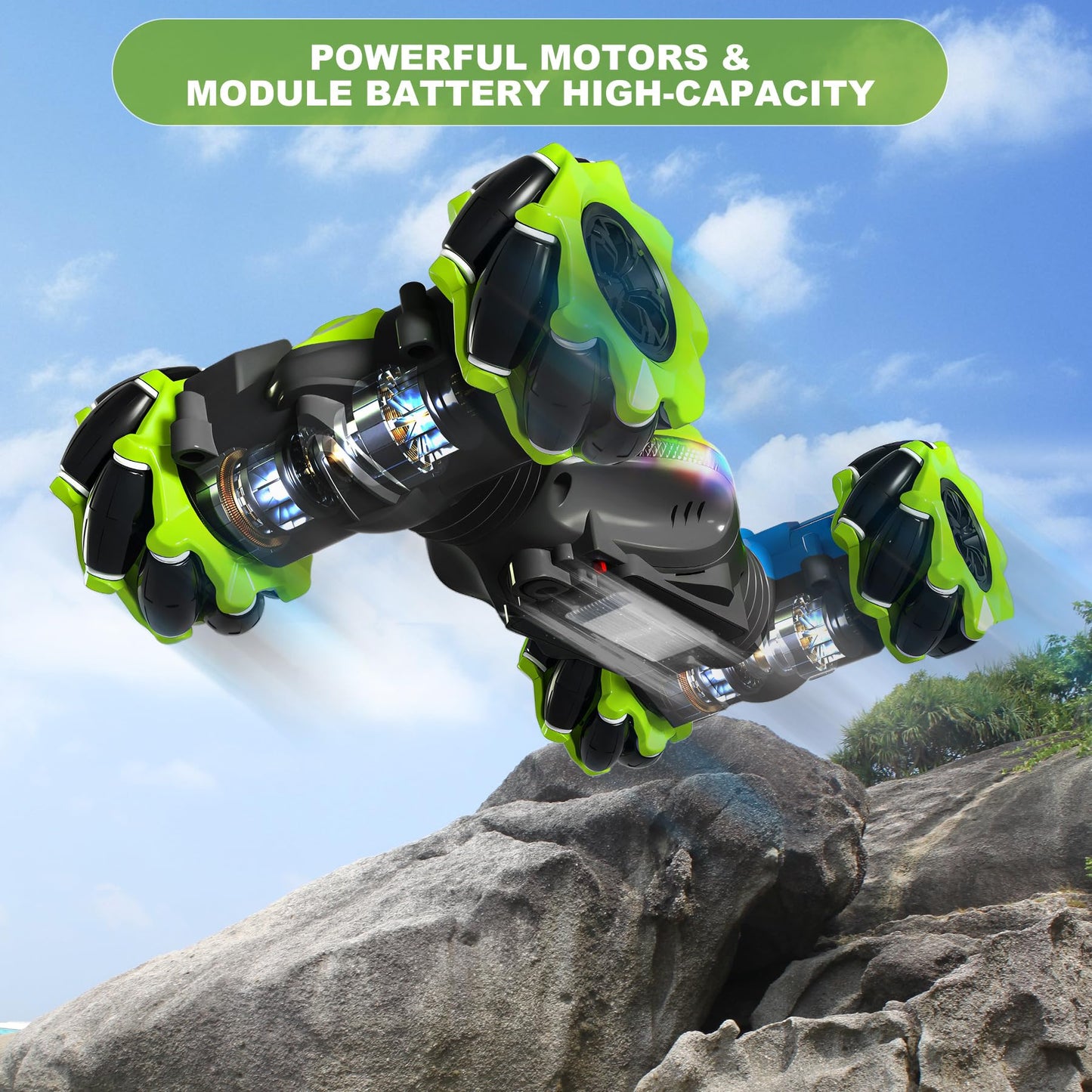 HOSHIPLAY Gesture RC Car Green, 1:24 4WD Transform Off-Road Stunt Car with Gesture & Remote Control, 360° Flips Drift Vehicle with LED Lights Music, All Terrain Toy Cars Gifts for Boys Girls Age 6-12