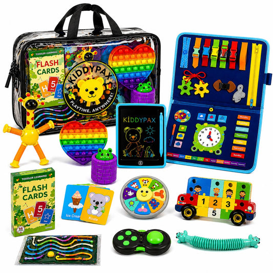 KIDDYPAX Kids Travel Activity Kit, 10-in-1 Montessori Busy Board, LCD Writing Tablet, Wooden Puzzle, Flash Cards & Sensory Fidget Toys, Screen-Free Travel Toys, Gift for Kids Ages 3–10