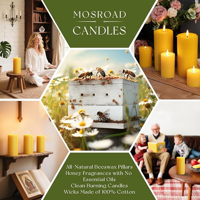 4 Packs 3x6 Inch Beeswax Candles, Large Honeycomb Beeswax Pillar Candles, 45 Hours Burn Time, Natural Pure Bees Wax Candle Handmade Gift for Home Decor, Candle Lovers, Air Purify