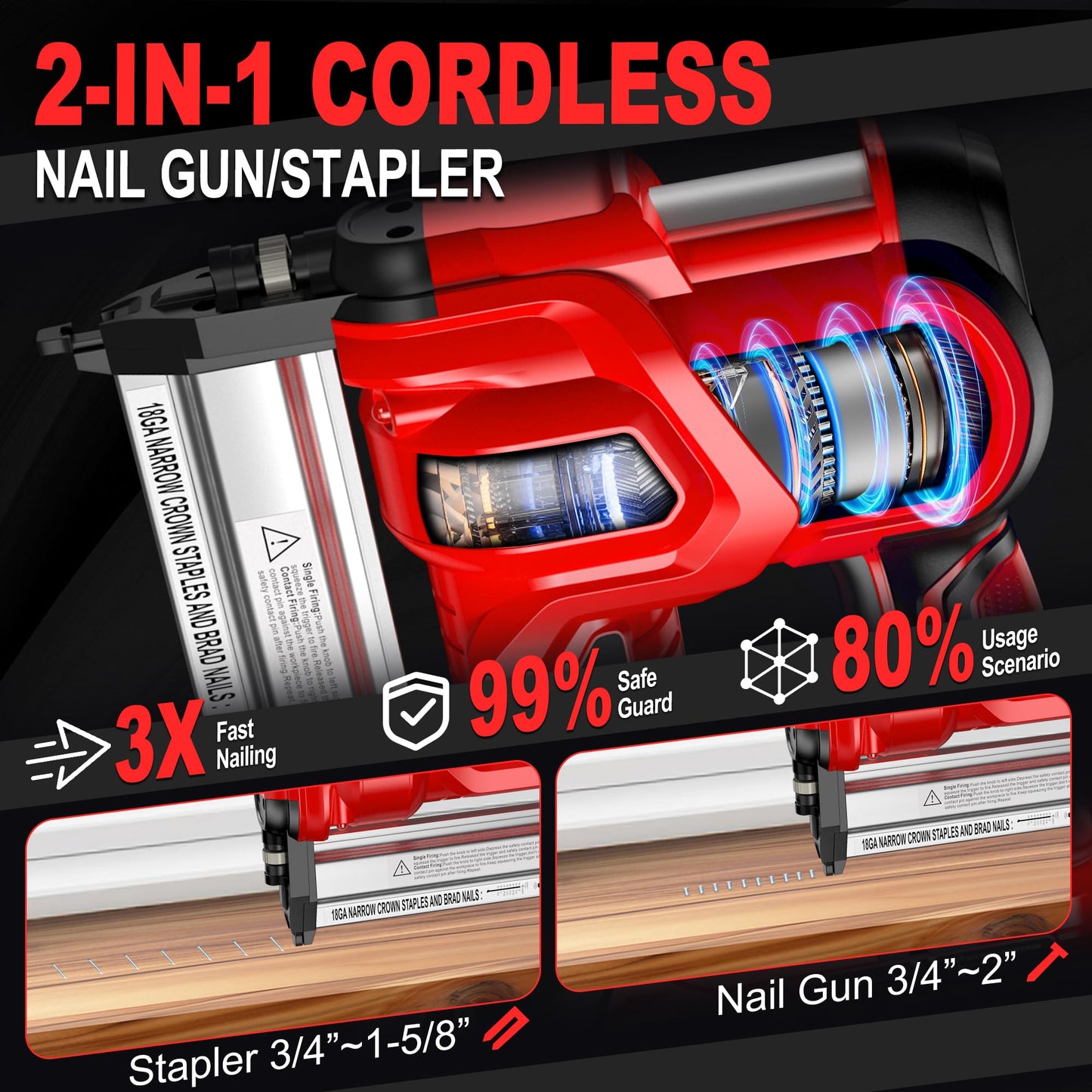 SILVEL 2" Cordless Brad Nailer, 2-in-1 21V Electric Brad Nailer Stapler with 2 * 4.0Ah Battery, 1000pcs Nails, 18GA Staples, Adjustable Depth for Woodworking, Home Improvement