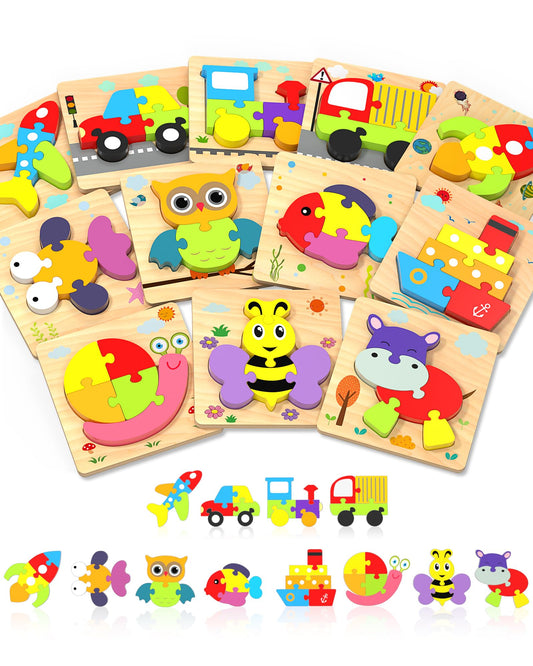 Yetonamr Wooden Toddler Puzzles Gifts Toys for Boys Girls, 12 Vehicle Shape Montessori Toy Educational Blocks Kids Toys Gift Baby Learning Toy