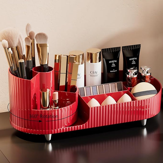Rotating Makeup Organizer for Vanity with Brush Holder, Cosmetic Makeup Storage Organizer, Large Spinning Makeup Skincare Organizer, Countertop Makeup Perfume Organizer, Lotions Display Case Red