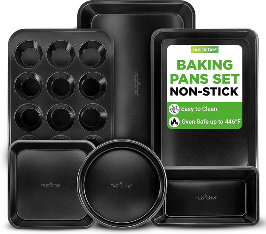 NutriChef Non-Stick Baking Pan Set - Stackable Carbon Steel Bakeware with Cookie Sheet, Muffin & Loaf Pan, Easy Release & Dishwasher Safe