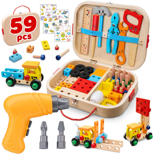 59Pcs Kids Tool Set Toy for Boys - Montessori STEM Wooden Play Tool Box Kit with Electric Drill with 2 Types Bits - Educational Christmas Birthday Gifts for Boys Toddlers Kids Age 3 4 5 6 Years Old