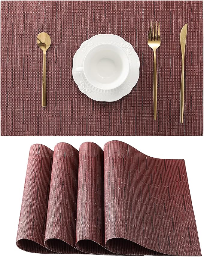 Leetaltree Burgundy Placemats Set of 4 - Heat Resistant Non-Slip Place mats for Dining Table, Washable Durable PVC Vinyl Woven Table Matsï¼Burgundy, 4ï¼