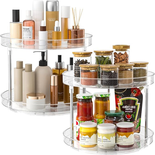 2 Pack 2 Tier Lazy Susan Turntable Organizer, Clear Rotating Lazy Susan, Spice Rack for Cabinet, Makeup and Perfume Organizer for Vanity, Counter Organizer Tray for Kitchen, Bathroom