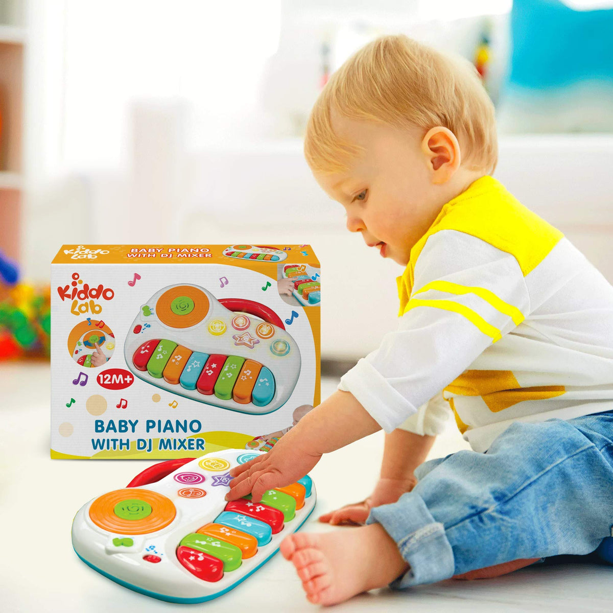 Musical Piano Toy for 1-3 Year Old Toddlers, 8-Key Rainbow Keyboard with DJ Turntable Scratchpad, 5 Light-Up Animal Buttons, Demo Songs, Volume Control and Carry Handle, Boys Girls Gift
