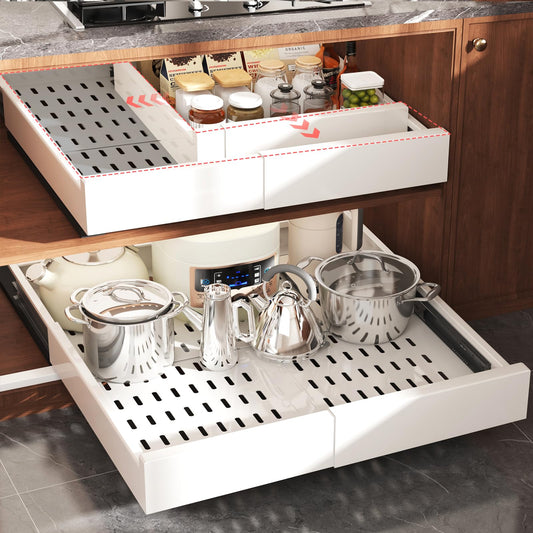 Seinloes 1 Pack Pull Out Cabinet Organizer Expandable Width(13"-21") and Depth(17"-24"), Slide Out Drawers With Raising Pad for Framed Cabinets, No Drill Roll Out Shelves for kitchen, Bathroom, White