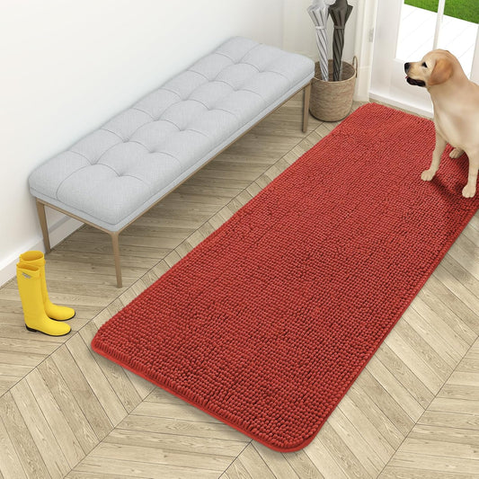 OLANLY Dog Door Mat - Absorbent Non-Slip Mud Mat for Indoor Use | 54x24, Quick Dry Chenille, Maple Red
