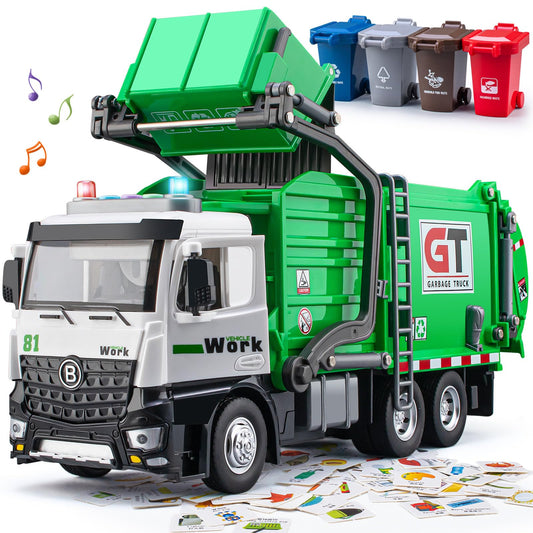 TAKGUD Garbage Truck Toys for Boys, 12" Big Trash Truck with Lights and Sounds, Friction Powered Waste Management Recycling Toy Set with 4 Trash Cans and Sorting Cards, Gift for Kids