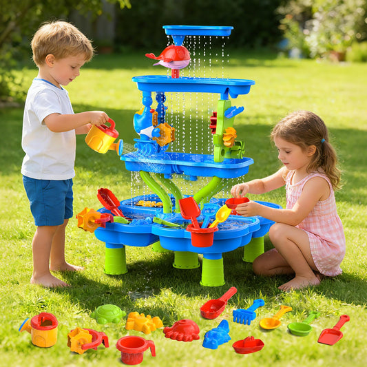 DUONIZAY Water Sand Table for Toddler Kids - 4-Tier Multifunctional Summer Toys,Outdoor Backyard Beach Playset with Stable Design,Sensory Learning Activity Game Gift for Boys Girls(Ocean Blue)