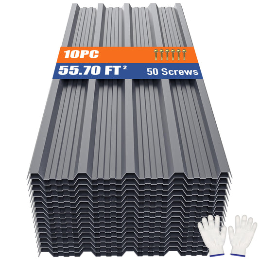 Brakki Metal Roofing Panels 10pcs 55.7 ft², 45.28"L Grey Corrugated Galvanized Steel Roof Panels with Screw, Heavy Duty Metal Siding Suitable for Garages Chicken Coop Sheds Stables Patio