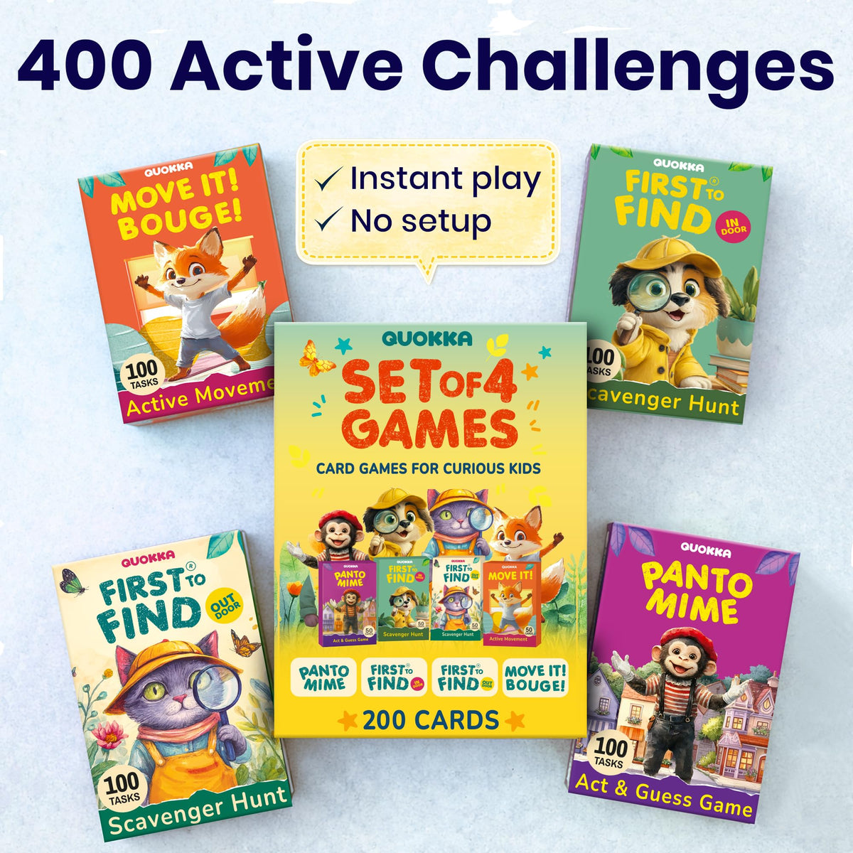QUOKKA Kids Card Game Set Ages 4+ – 4 Games in 1 Box, 400 Creative Tasks, Scavenger Hunt for Kids, Charades & Animal-Themed Active Movement Indoor and Outdoor Games