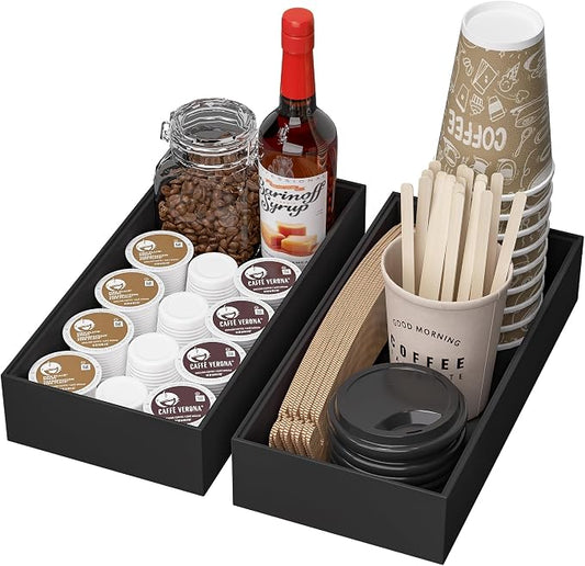Kitchen Drawer Organizer Bins, Stackable Bamboo Drawer Organizer for Silverware, Coffee Pod Organizer K Cup Holder for Countertop, 2 Pcs Coffee Station Organizer Black 12" x 6" x 2.5"